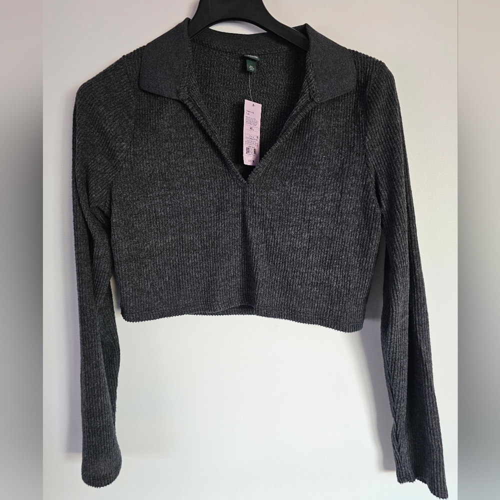 Wild Fable Sweater Women Large Black Cropped Pullover Long Sleeve V Neck